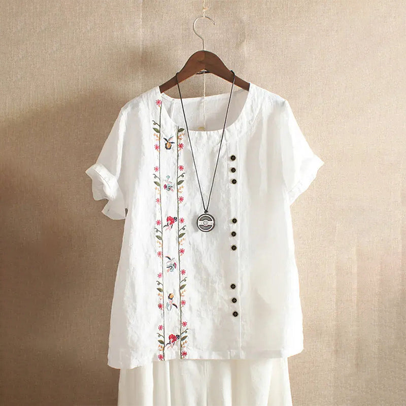 Cotton Linen Embroidery Tops for Women