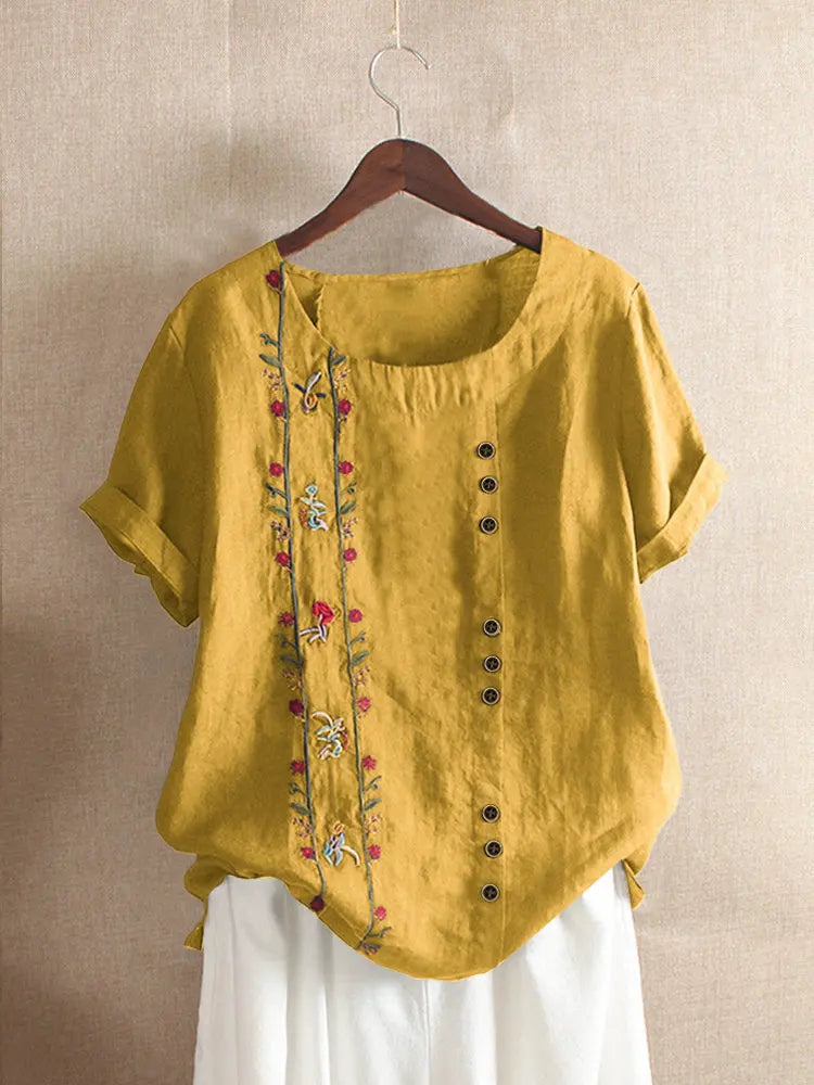 Cotton Linen Embroidery Tops for Women