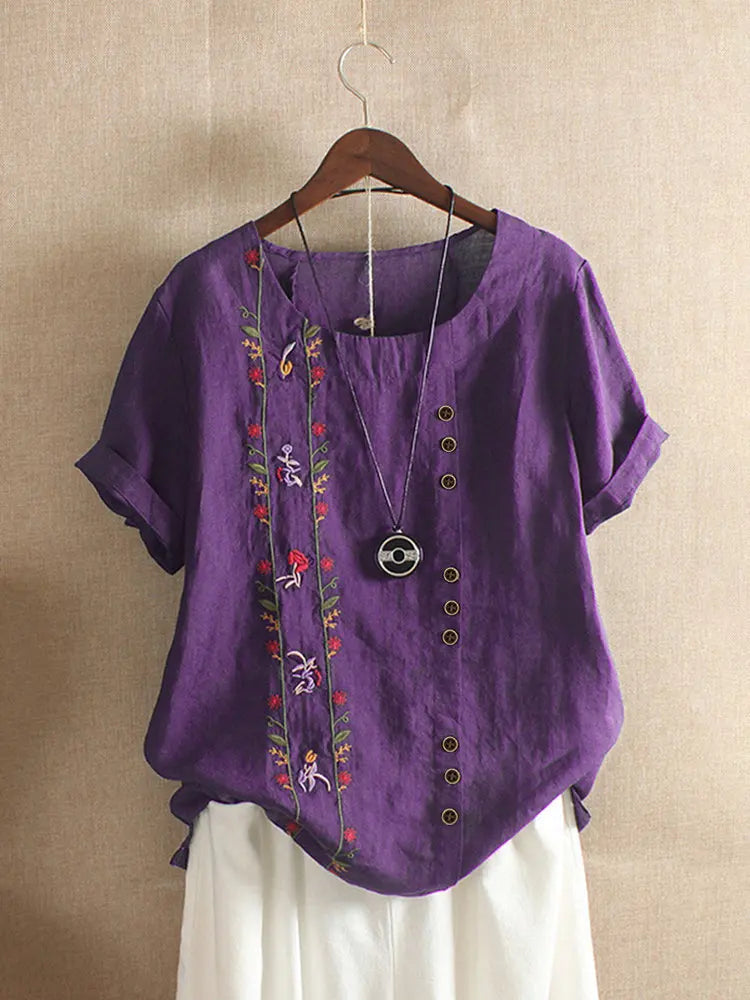 Cotton Linen Embroidery Tops for Women