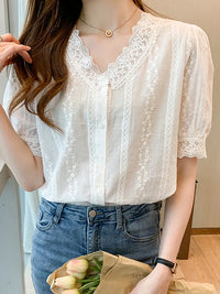 Women Lace V-Neck Blouse Shirt